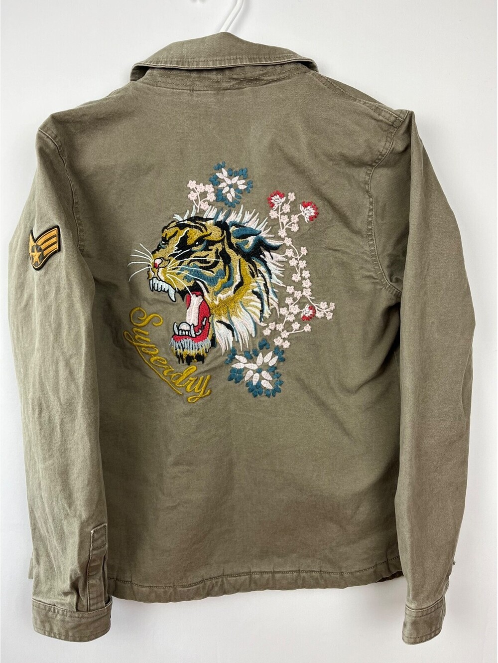 Superdry Rookie Green Jacket Small Tiger Embroidered Sherpa Lined Army Military